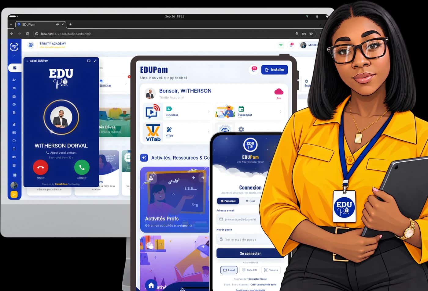 EDUPam sur ordinateur, tablette et téléphone, présenté par une ambassadrice EDUPam