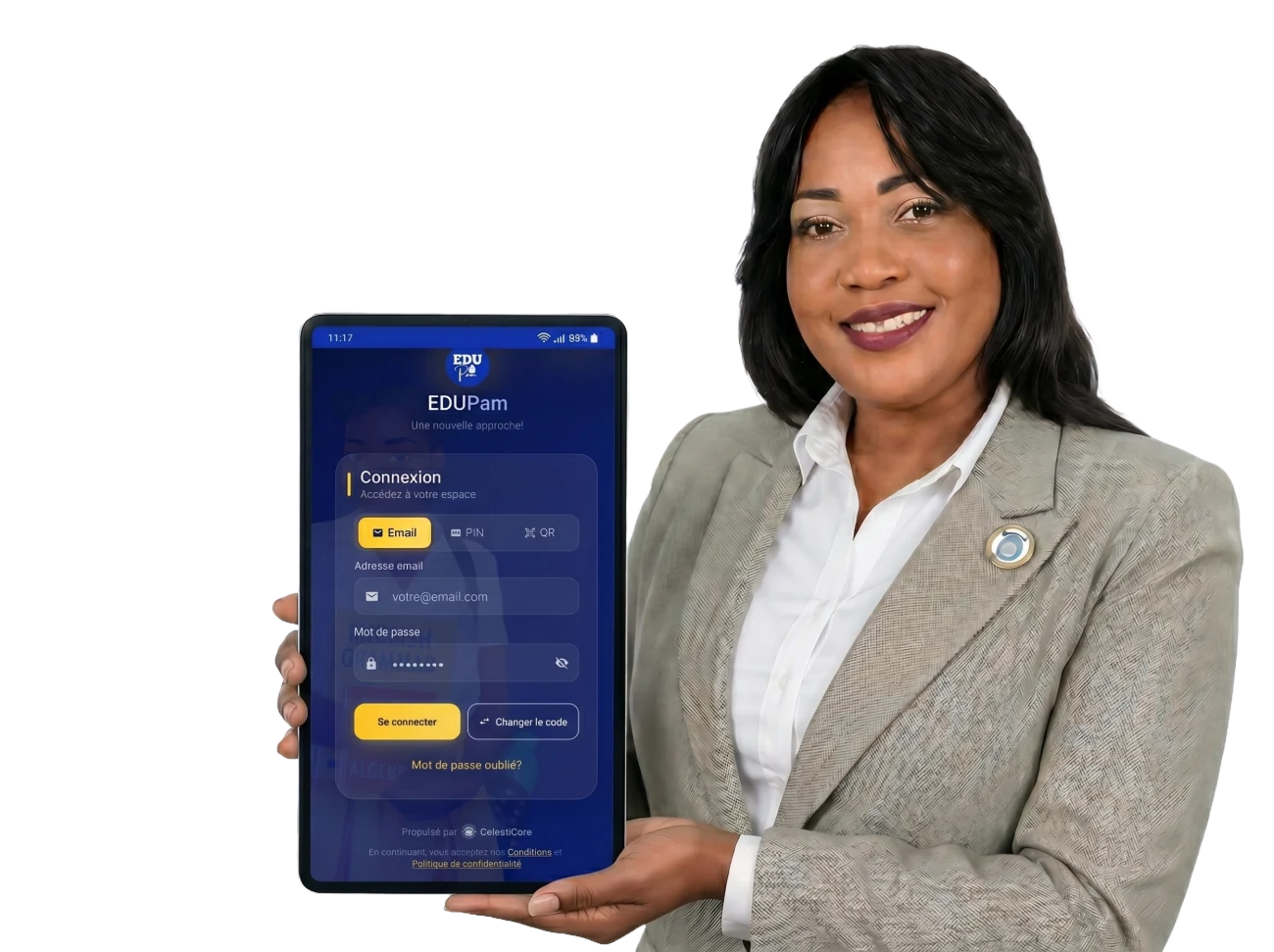 Une directrice présente l'application EDUPam sur tablette