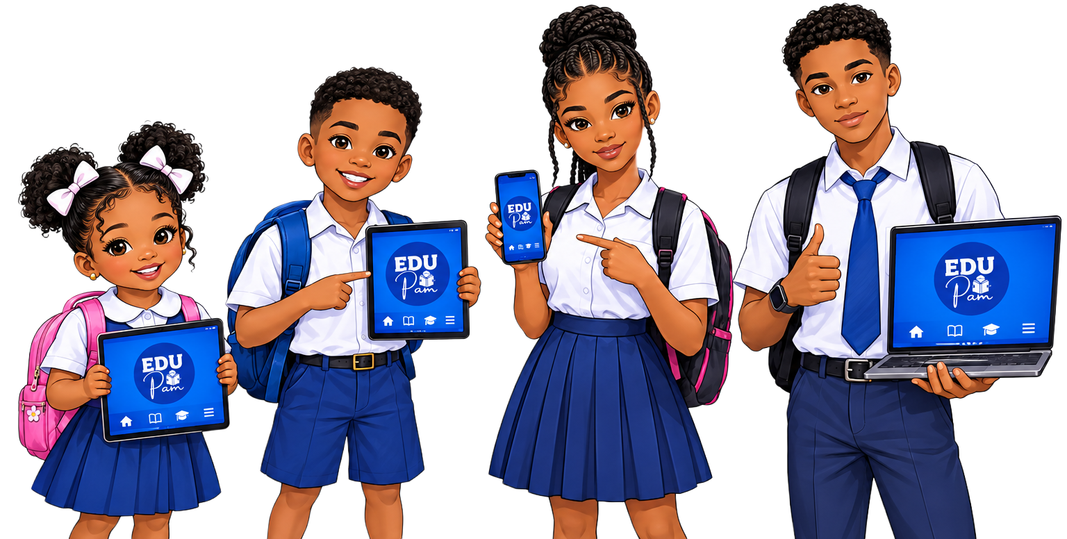 Quatre élèves, de la maternelle au secondaire, avec EDUPam sur tablette, téléphone et ordinateur